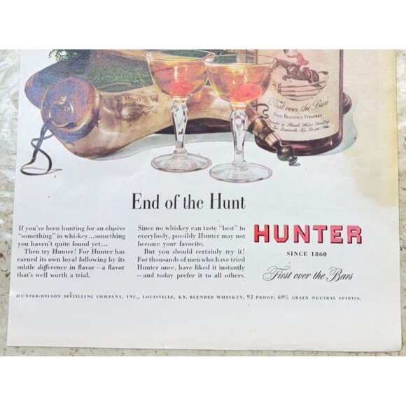 Hunter Fine Blended Whiskey Vintage Print Ad 40s Horse Jumping End of Hunt - Picture 5 of 6